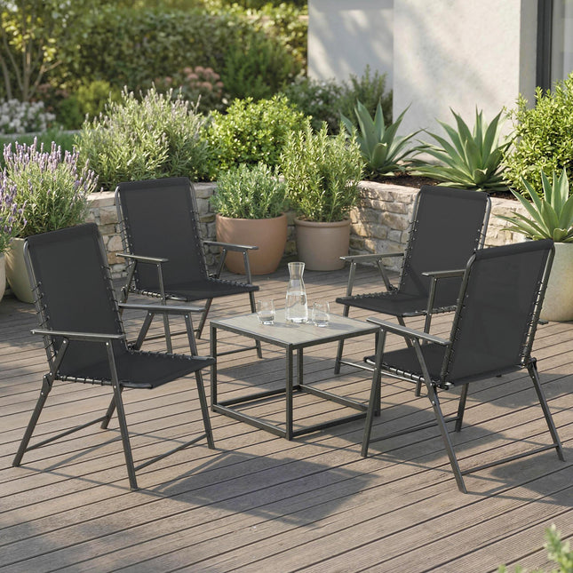 Folding Garden Chairs Set of 4, Outdoor Dining Chairs with Wide Texteline Seat, High Back and Armrests, Black