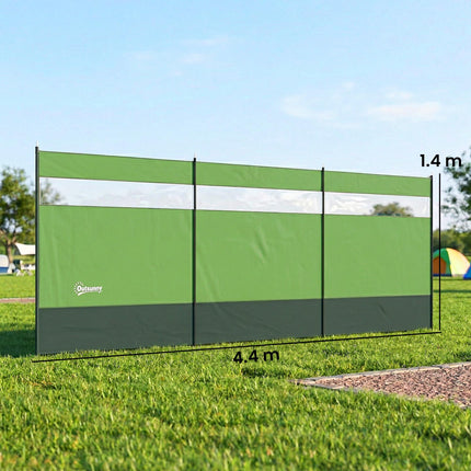 Camping Windbreaker with Clear Windows, Carry Bag and Steel Poles, for Beach Caravan Campervan, 440 x 140cm, Army Green