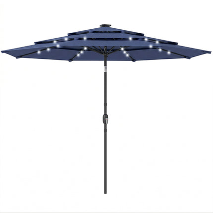 2.8 m Garden Parasol Umbrella with LED Solar Light, Parasol Cover, 3 Tier Outdoor Table Market Patio Umbrella, Navy Blue