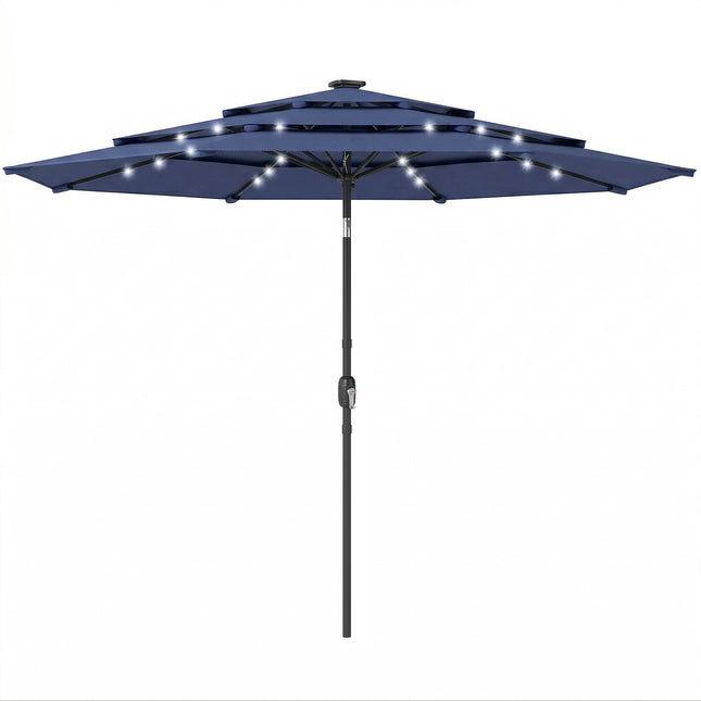 2.8 m Garden Parasol Umbrella with LED Solar Light, Parasol Cover, 3 Tier Outdoor Table Market Patio Umbrella, Navy Blue