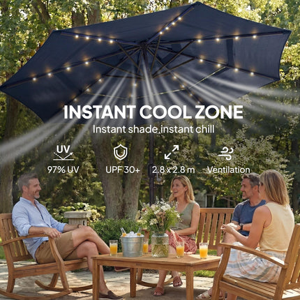 2.8 m Garden Parasol Umbrella with LED Solar Light, Parasol Cover, 3 Tier Outdoor Table Market Patio Umbrella, Navy Blue