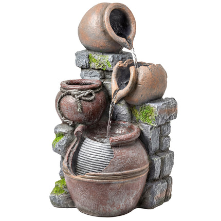 Outdoor Fountain with 4-Tier Rustic Pots & Planter, Garden Fountain with LED Lights, Rustic Brown
