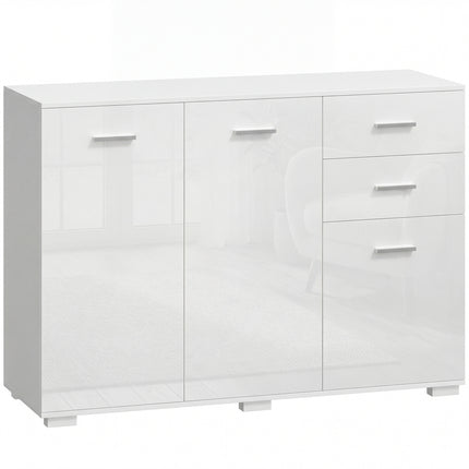Sideboard, Modern Storage Cabinet with 2 Drawers, 3 Doors and Adjustable Shelves, High Gloss White