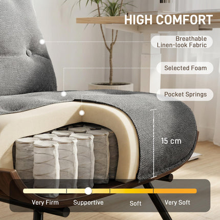 Accent Chair, Linen-look Fabric Reading Chair with Spring Cushion, Slatted Support, Steel Frame, Dark Grey