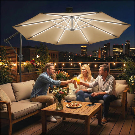 3 m Garden Cantilever Parasol with LED Solar Light, Round Overhanging Umbrella with 360° Rotation, Cover, Khaki
