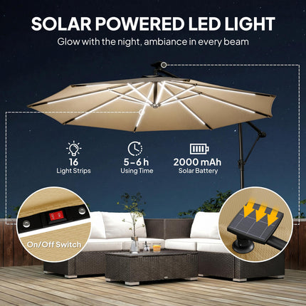 3 m Garden Cantilever Parasol with LED Solar Light, Round Overhanging Umbrella with 360° Rotation, Cover, Khaki