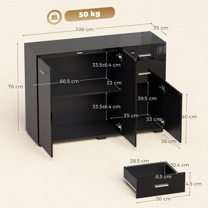 Sideboard, Modern Storage Cabinet with 2 Drawers, 3 Doors and Adjustable Shelves, High Gloss Black