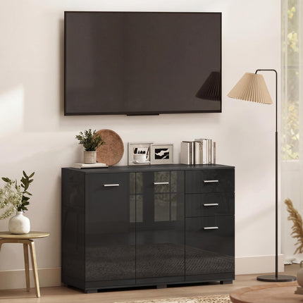 Sideboard, Modern Storage Cabinet with 2 Drawers, 3 Doors and Adjustable Shelves, High Gloss Black