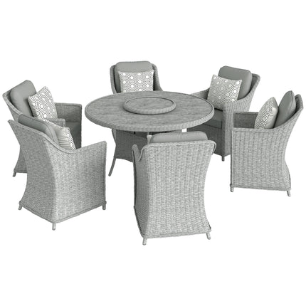Rattan Dining Set with Turntable, Marble Effect Glass Table and 6 Armchairs, Aluminium Frame, Grey