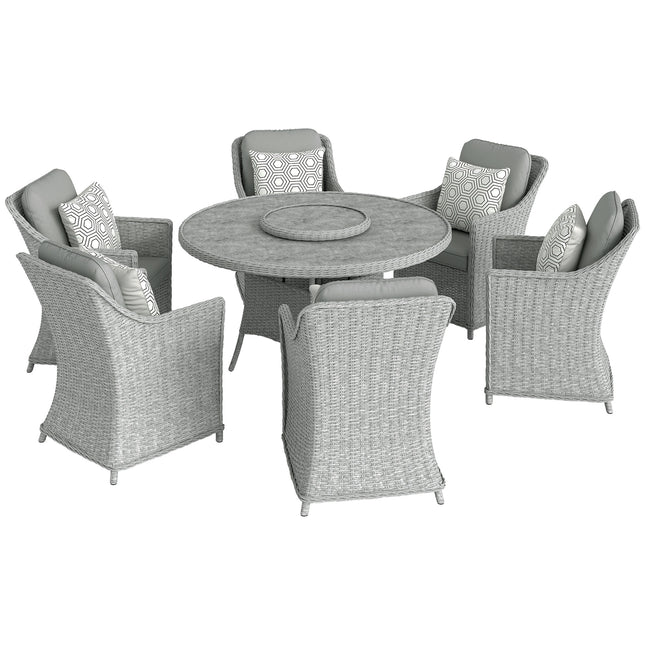 Rattan Dining Set with Turntable, Marble Effect Glass Table and 6 Armchairs, Aluminium Frame, Grey