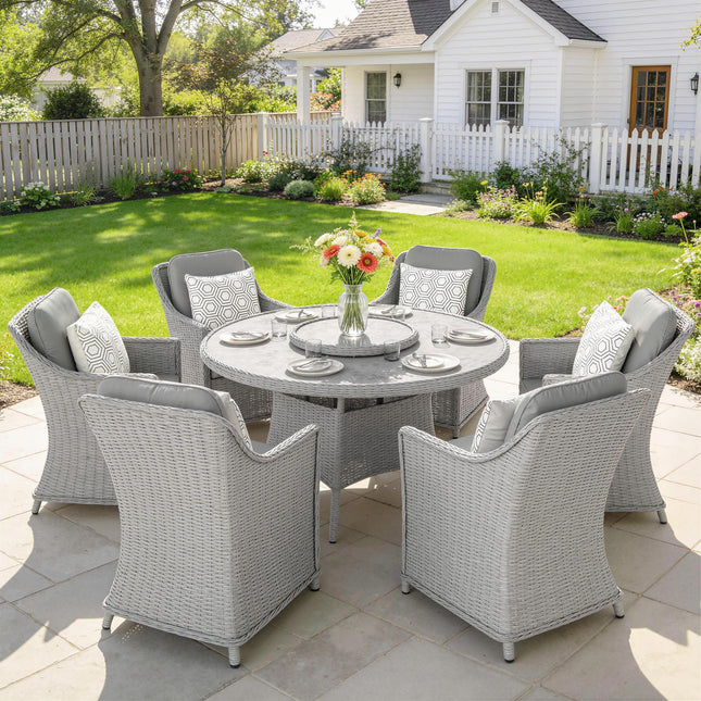 Rattan Dining Set with Turntable, Marble Effect Glass Table and 6 Armchairs, Aluminium Frame, Grey