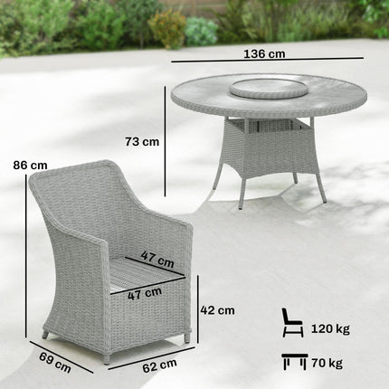 Rattan Dining Set with Turntable, Marble Effect Glass Table and 6 Armchairs, Aluminium Frame, Grey
