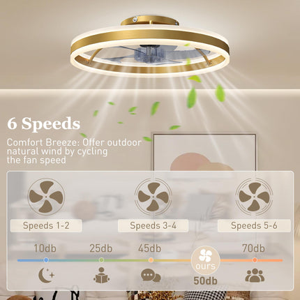 Ceiling Fan with Light and Remote, LED Mount Ceiling Fan with 3 Colour Temperatures, 6 Speed, 50 cm, Gold Tone