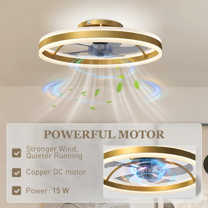 Ceiling Fan with Light and Remote, LED Mount Ceiling Fan with 3 Colour Temperatures, 6 Speed, 50 cm, Gold Tone