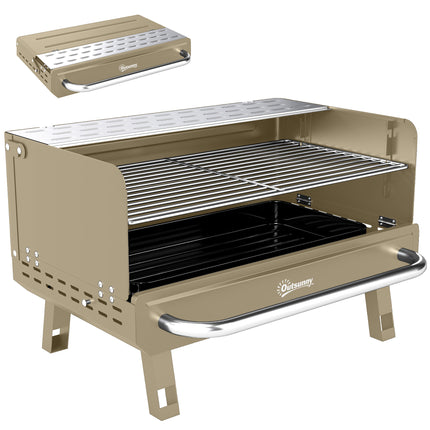 Portable BBQ Grill, Charcoal Barbecue Grill with Adjustable Grates, Foldable Legs, Side Shelf for Camping Travel, Khaki