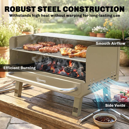 Portable BBQ Grill, Charcoal Barbecue Grill with Adjustable Grates, Foldable Legs, Side Shelf for Camping Travel, Khaki