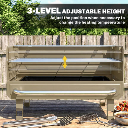 Portable BBQ Grill, Charcoal Barbecue Grill with Adjustable Grates, Foldable Legs, Side Shelf for Camping Travel, Khaki