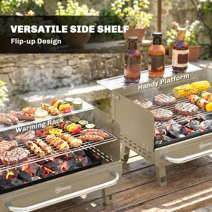 Portable BBQ Grill, Charcoal Barbecue Grill with Adjustable Grates, Foldable Legs, Side Shelf for Camping Travel, Khaki