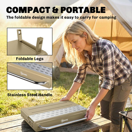 Portable BBQ Grill, Charcoal Barbecue Grill with Adjustable Grates, Foldable Legs, Side Shelf for Camping Travel, Khaki