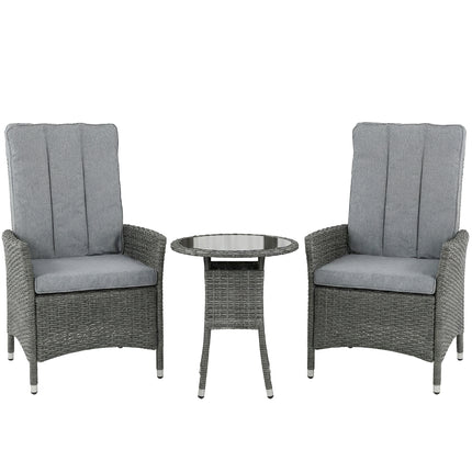 Rattan Bistro Set, Reclining Garden Chairs and Glass Coffee Table with Cushions for Patio Balcony Porch, Grey