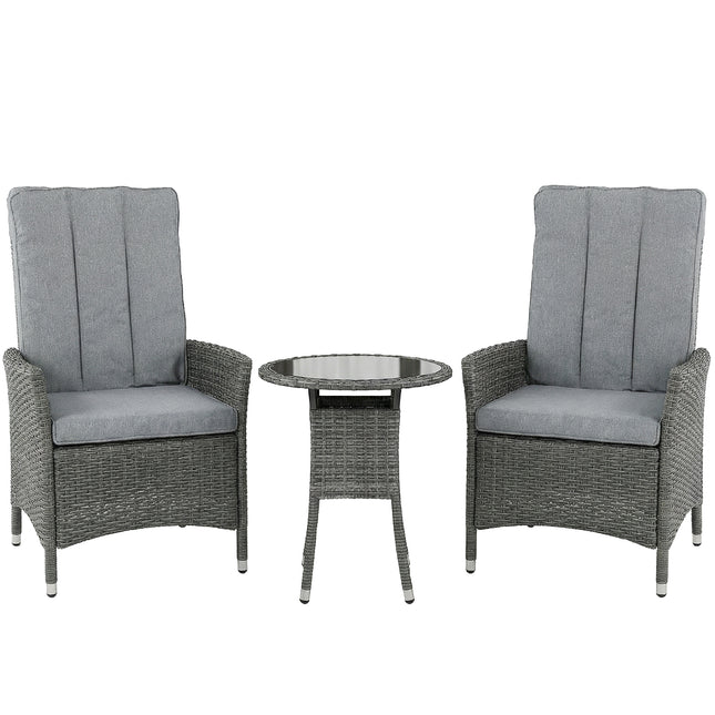 Rattan Bistro Set, Reclining Garden Chairs and Glass Coffee Table with Cushions for Patio Balcony Porch, Grey
