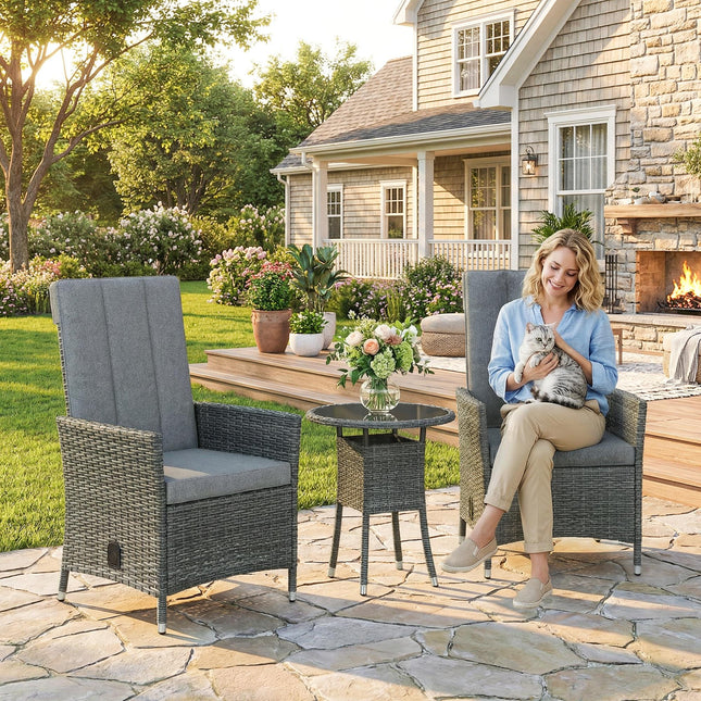 Rattan Bistro Set, Reclining Garden Chairs and Glass Coffee Table with Cushions for Patio Balcony Porch, Grey