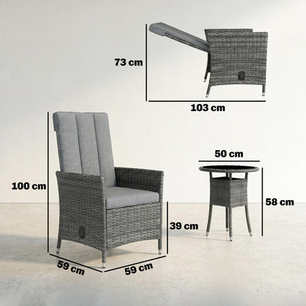 Rattan Bistro Set, Reclining Garden Chairs and Glass Coffee Table with Cushions for Patio Balcony Porch, Grey