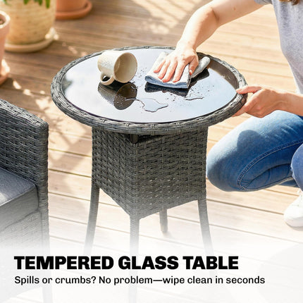 Rattan Bistro Set, Reclining Garden Chairs and Glass Coffee Table with Cushions for Patio Balcony Porch, Grey