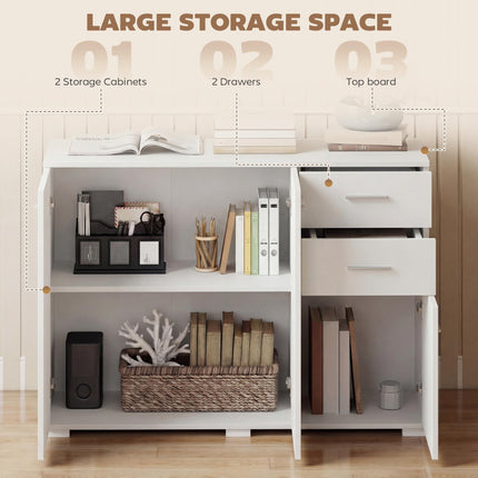 Sideboard, Modern Storage Cabinet with 2 Drawers, 3 Doors and Adjustable Shelves, White