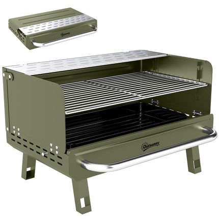 Portable BBQ Grill, Charcoal Barbecue Grill with Adjustable Grates, Foldable Legs, Side Shelf for Camping Travel, Green