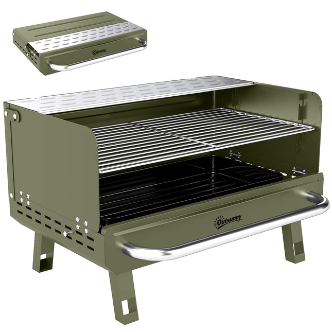 Portable BBQ Grill, Charcoal Barbecue Grill with Adjustable Grates, Foldable Legs, Side Shelf for Camping Travel, Green