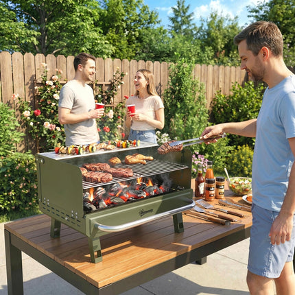 Portable BBQ Grill, Charcoal Barbecue Grill with Adjustable Grates, Foldable Legs, Side Shelf for Camping Travel, Green