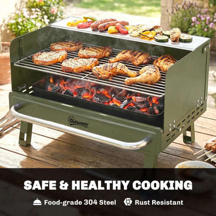 Portable BBQ Grill, Charcoal Barbecue Grill with Adjustable Grates, Foldable Legs, Side Shelf for Camping Travel, Green
