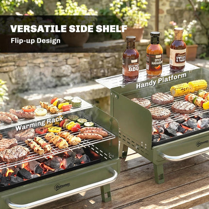 Portable BBQ Grill, Charcoal Barbecue Grill with Adjustable Grates, Foldable Legs, Side Shelf for Camping Travel, Green