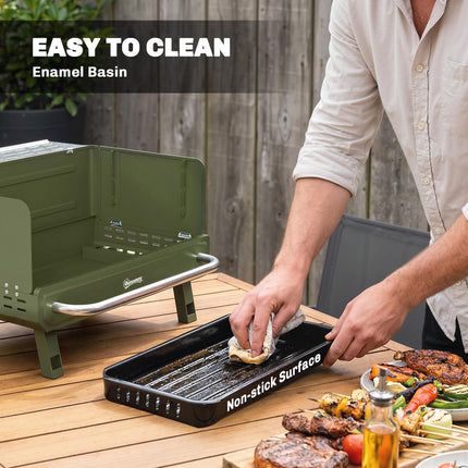 Portable BBQ Grill, Charcoal Barbecue Grill with Adjustable Grates, Foldable Legs, Side Shelf for Camping Travel, Green