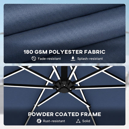 3 m Garden Cantilever Parasol with LED Solar Light, Round Overhanging Umbrella with 360° Rotation, Cover, Navy Blue