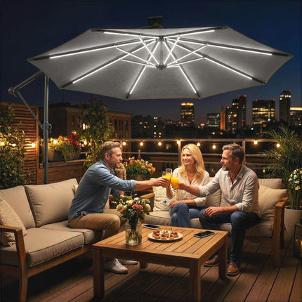 Outsunny 3 m Garden Cantilever Parasol with LED Solar Light, Round Overhanging Umbrella with 360° Rotation, Cover, Grey