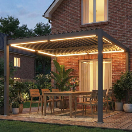 3 x 3 m Louvered Pergola with Solar LED lights, Metal Roof, Patio Gazebo Pergola