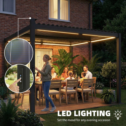 3 x 3 m Louvered Pergola with Solar LED lights, Metal Roof, Patio Gazebo Pergola