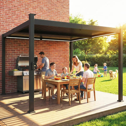 3 x 3 m Louvered Pergola with Solar LED lights, Metal Roof, Patio Gazebo Pergola