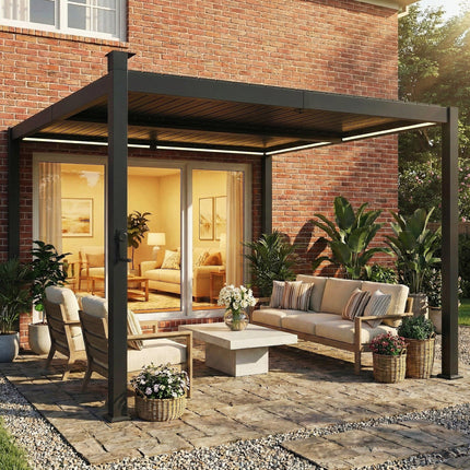 3 x 3 m Louvered Pergola with Solar LED lights, Metal Roof, Patio Gazebo Pergola