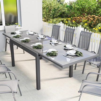 Extending Garden Table for 6-10, Aluminium Outdoor Dining Table with Tempered Glass Top, Grey