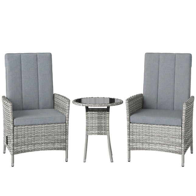 Rattan Bistro Set, Reclining Garden Chairs and Glass Coffee Table with Cushions for Patio Balcony Porch, Light Grey