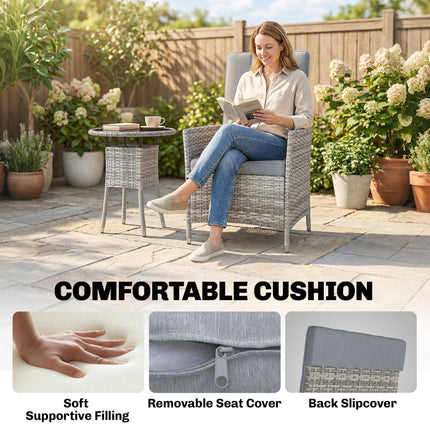 Rattan Bistro Set, Reclining Garden Chairs and Glass Coffee Table with Cushions for Patio Balcony Porch, Light Grey