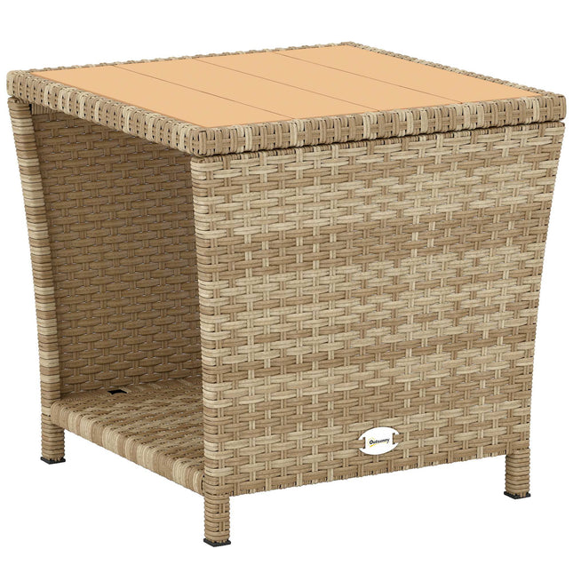 Side Table 2-Tier Outdoor Coffee Table with Storage Shelf PS Wood Slat Top/Khaki