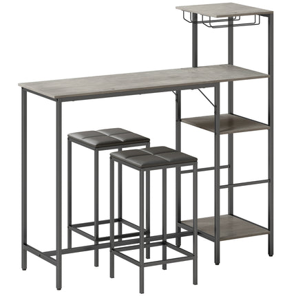3 Piece Breakfast Bar Table and Stools Set, Washed Grey