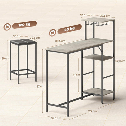 3 Piece Breakfast Bar Table and Stools Set, Washed Grey