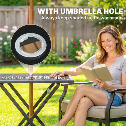 Folding Outdoor Dining Table, Square Garden Table Tempered Glass Top with Parasol Hole Garden Patio, 70 x 70 x 70 cm