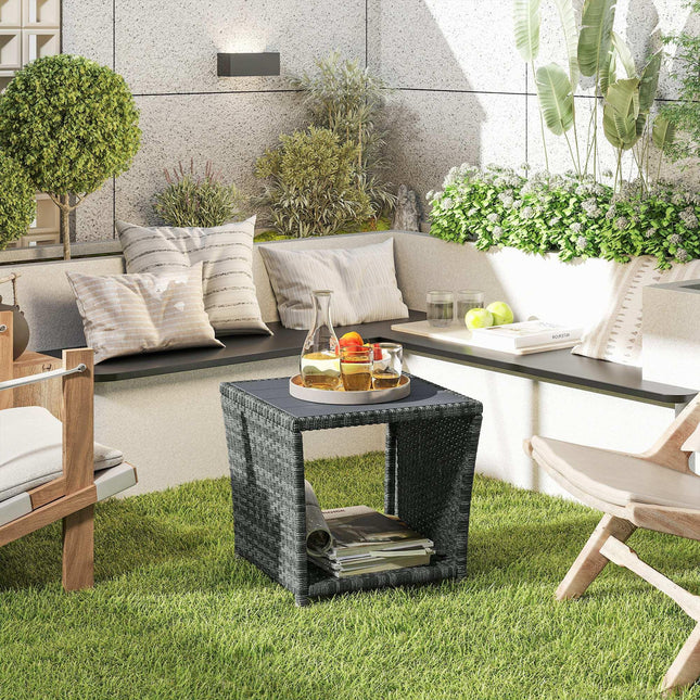 Side Table 2-Tier Outdoor Coffee Table with Storage Shelf PS Wood Slat Top/Grey