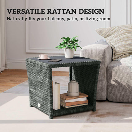 Side Table 2-Tier Outdoor Coffee Table with Storage Shelf PS Wood Slat Top/Grey
